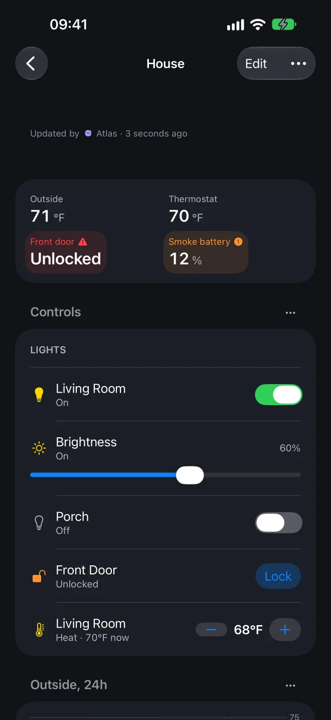 The same House board on iPhone with live tiles and controls for lights, the front door lock and the living room thermostat.