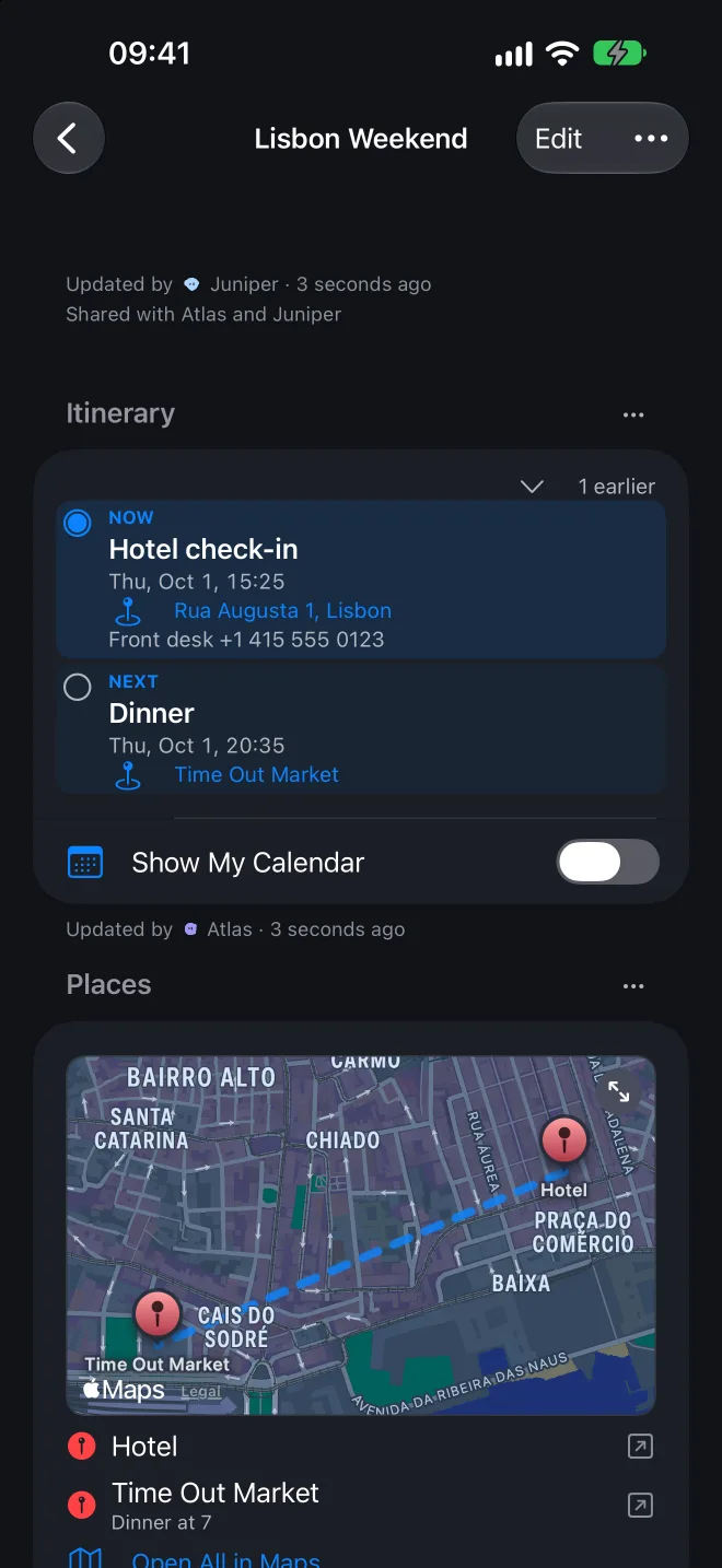 The Lisbon Weekend board, shared by Atlas and Juniper: an itinerary marking hotel check-in as Now and dinner as Next, then a map of Lisbon with a route from the hotel to Time Out Market.