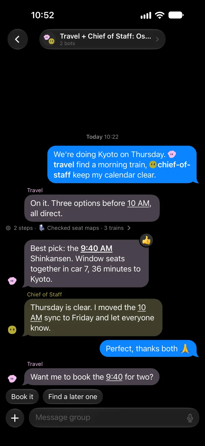 A group chat where Travel finds a Shinkansen and Chief of Staff clears the calendar, each with its own bubble color and avatar.