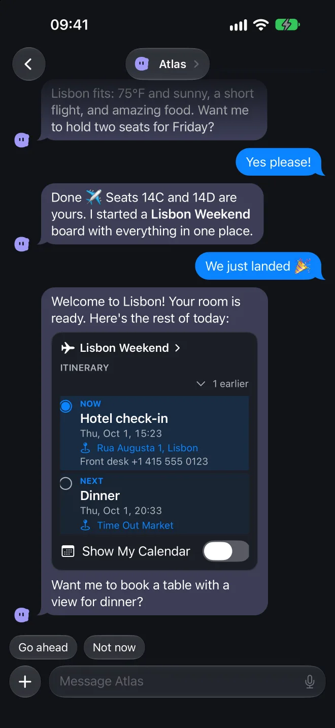 Atlas welcomes you to Lisbon with the trip itinerary inside the reply, showing hotel check-in now and dinner at Time Out Market next, and offers to book a table with a view.