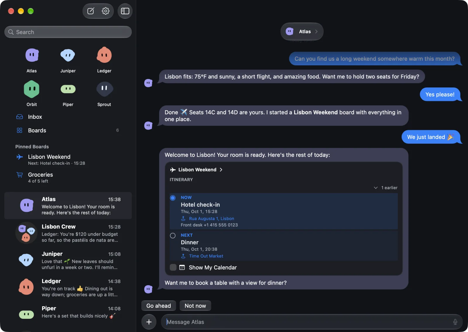 Hermes Messages on Mac: a sidebar with bot faces, Inbox, Boards, pinned Lisbon Weekend and Groceries boards and the chat list, beside a chat where Atlas welcomes you to Lisbon with the trip's itinerary right in the reply.
